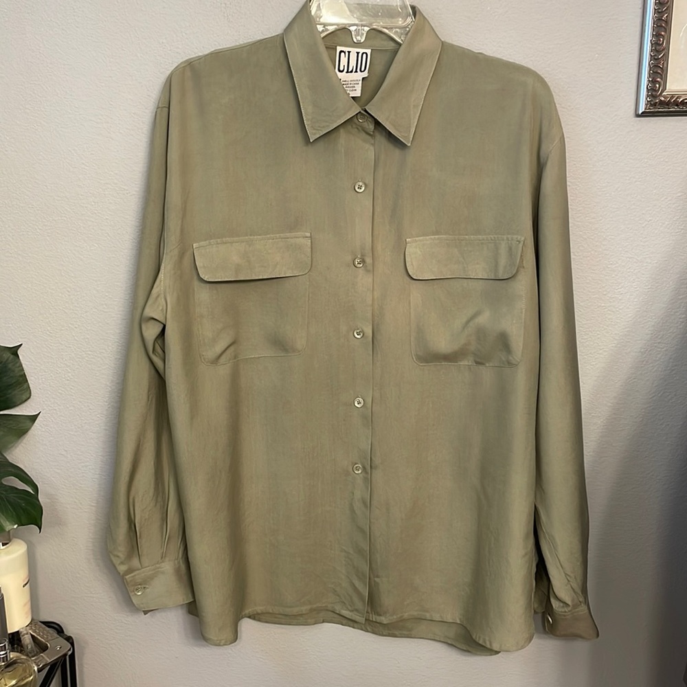 Vintage CLIO Green 100% Silk Button Down size L